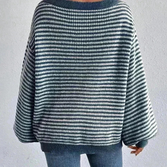 Blue Casual Womens Striped Pattern Drop Shoulder Sweater - Picture 2 of 5